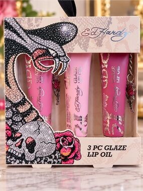 Ed Hardy Pink Rose Glaze Lip Oil 3 Piece Set Y2K Tattoo Beauty NIB Giftable
